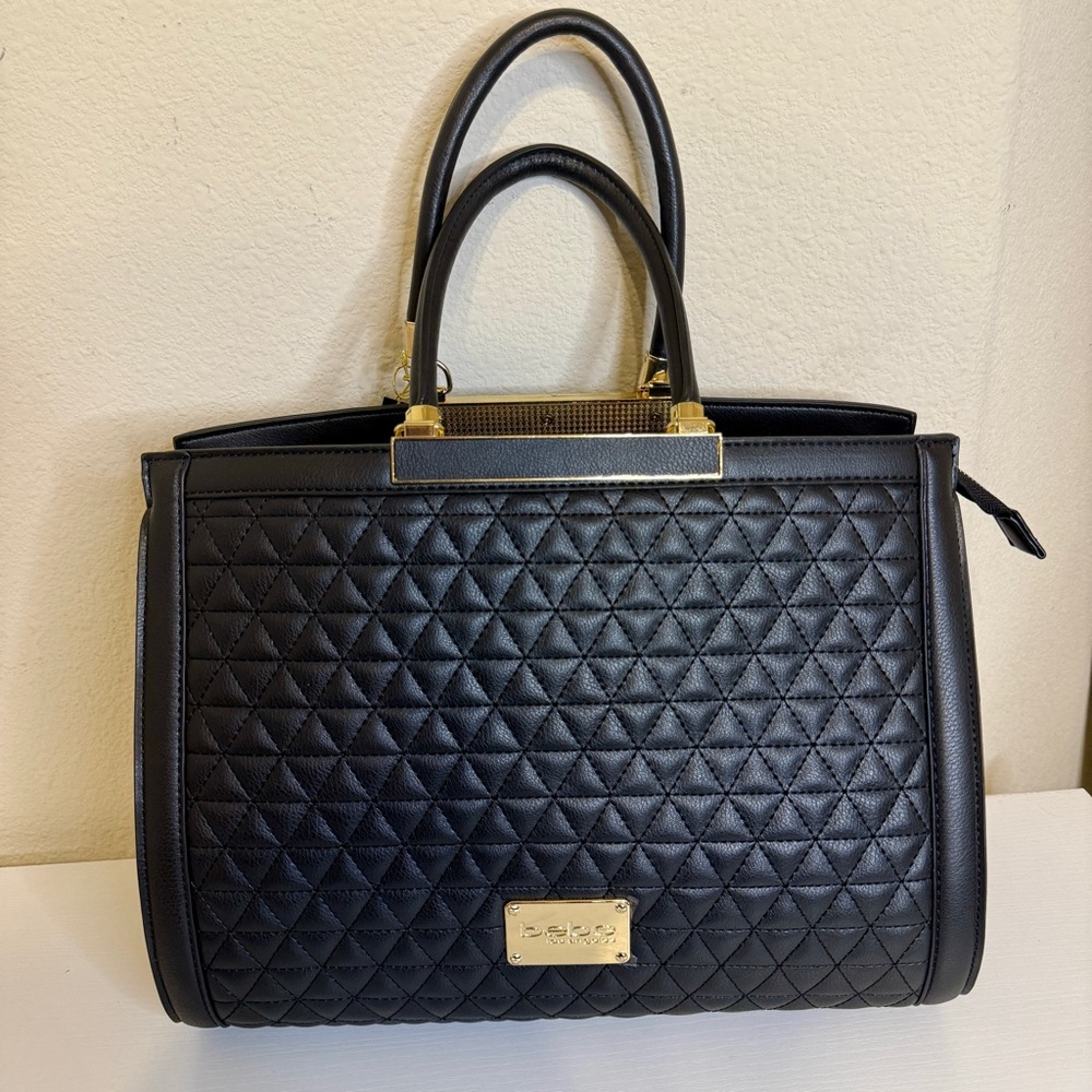 Bebe Black & Gold Quilted Leather Satchel/Shoulder Bag